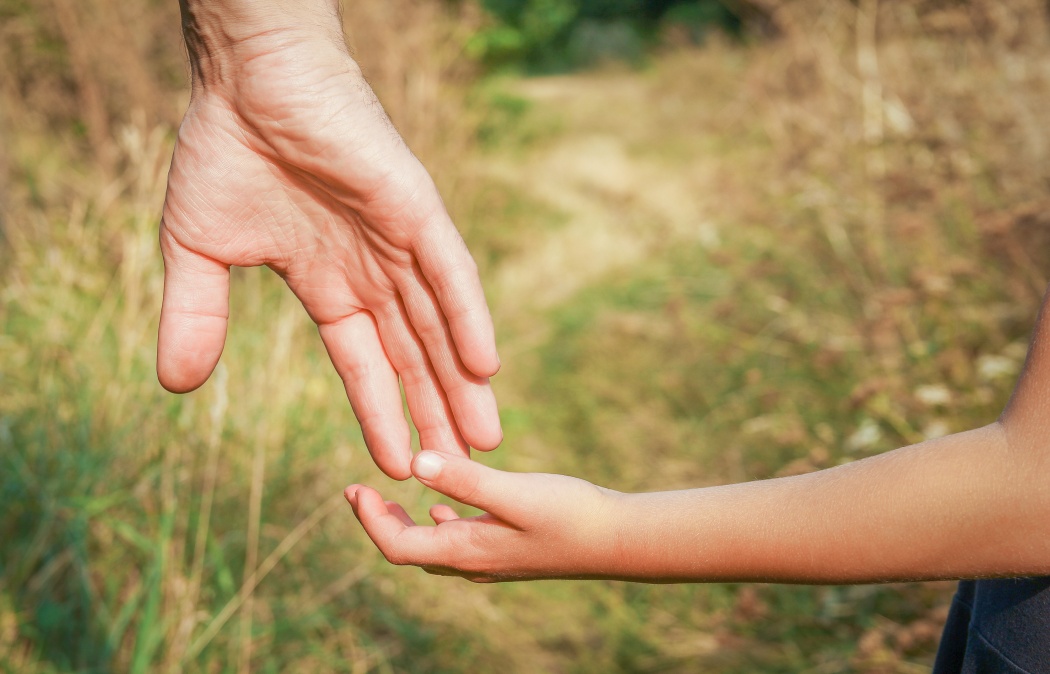 An adult hand reaches down toward a child's outstretched hand outdoors, with blurred grass and plants in the background.