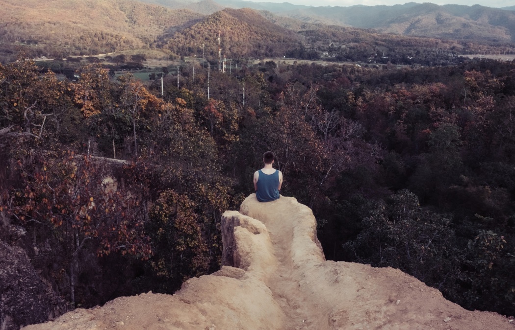 A person sits alone on a dirt path overlooking a forested valley with mountains in the distance under a hazy sky.