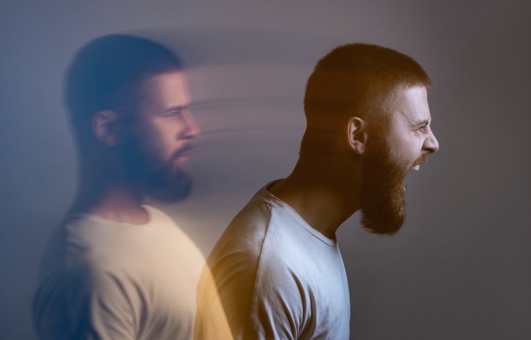 A man with a beard in profile appears twice; one image shows him calmly, while the other shows him shouting, suggesting a transition of emotion.