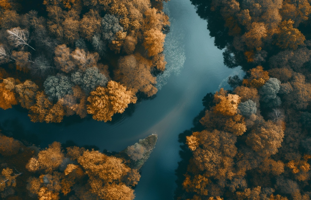 Aerial view of a winding river surrounded by dense trees with autumn foliage in shades of orange and green.