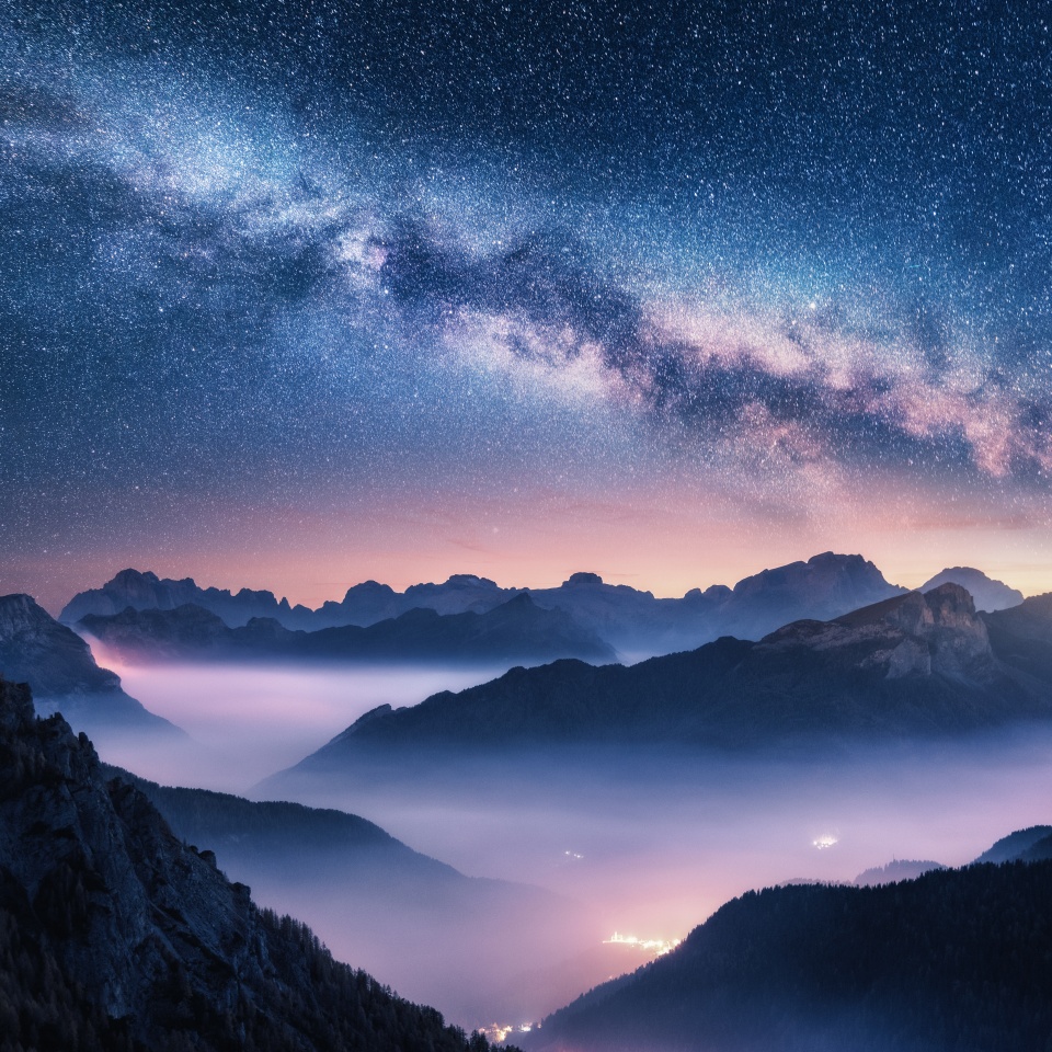 Milky Way over mountains in fog at night in summer. Landscape with foggy alpine mountain valley, purple low clouds, colorful starry sky with milky way, city illumination. Dolomites, Italy. Space