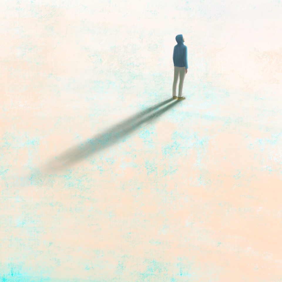 Man alone with the light, painting illustration, surreal art, lonely solitude and hope concept, artwork