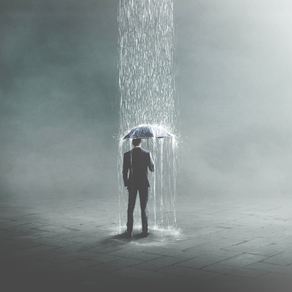 3D Illustration of unlucky business man under rain, surreal concept