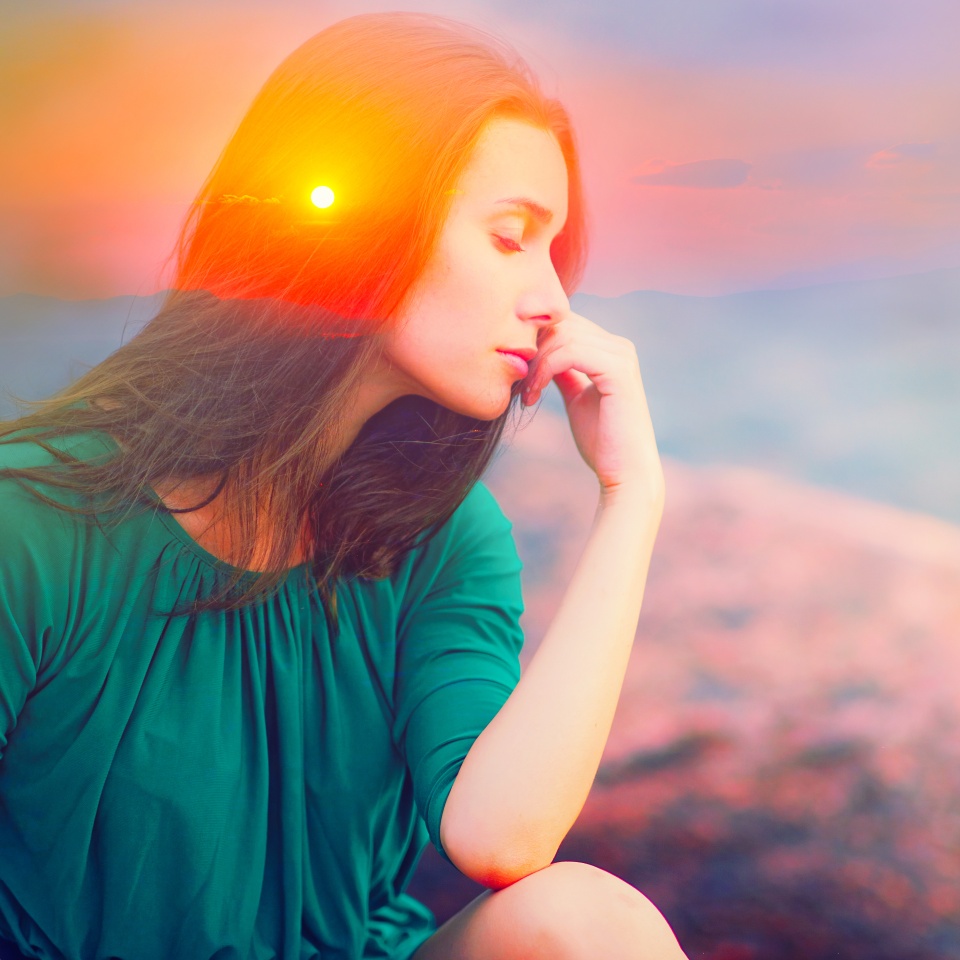 Soul energy, mental health nature therapy, spiritual life power, calm inner peace concept Double exposure abstract body of happy free young woman, closed eyes head. Healthy relax in sunrise sun light