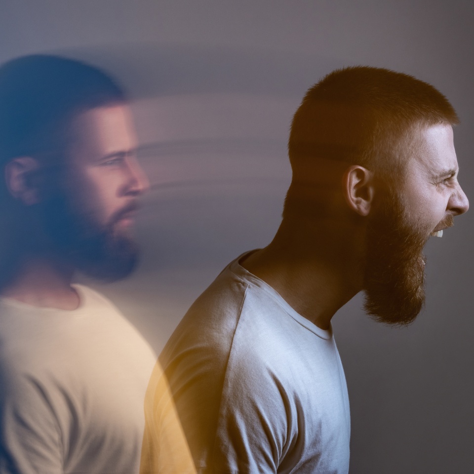 Side view portrait of two-faced man in calm serious and angry screaming expression. Different emotion inside and outside mood. Internally suffering, dissociative identity disorder. Double exposure.