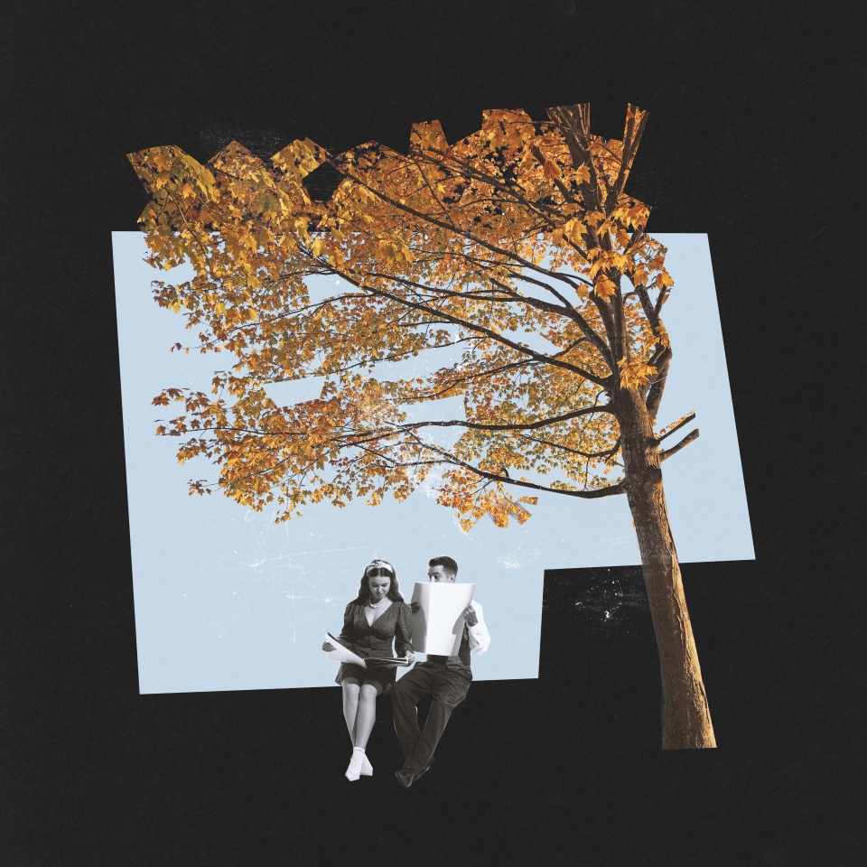 Contemporary art collage. Young couple, man and woman sitting under tree with yellow leaves and reading newspaper. Warm autumn day. Concept of art, autumn season, creativity, retro style, imagination