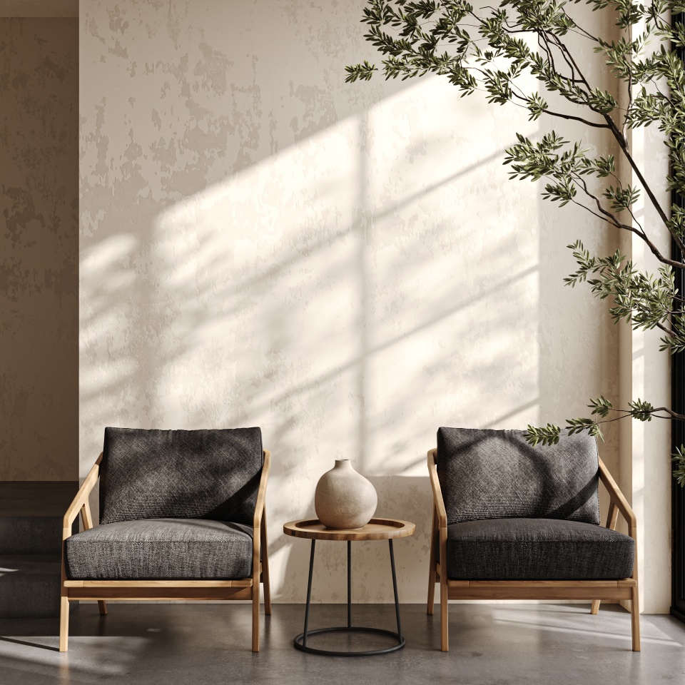 Boho beige livingroom with 2 armchairs, tree and windows background. Light modern japanese nature view. 3d rendering mock up. High quality 3d illustration. 3D Illustration