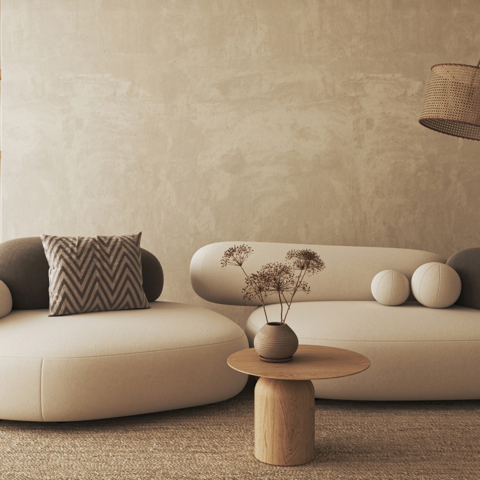 Bohemian livingroom with shelves and sofa background. Light modern farmhouse nature interior. 3d rendering. High quality 3d illustration. 3D Illustration