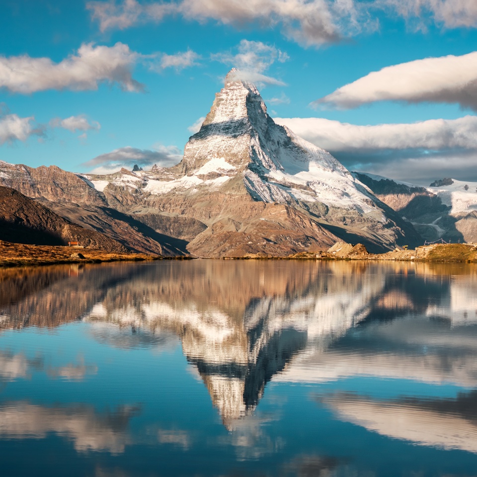 Majestic landscape of Matterhorn mountain reflected on Lake Stellisee in the morning at Zermatt, Switzerland