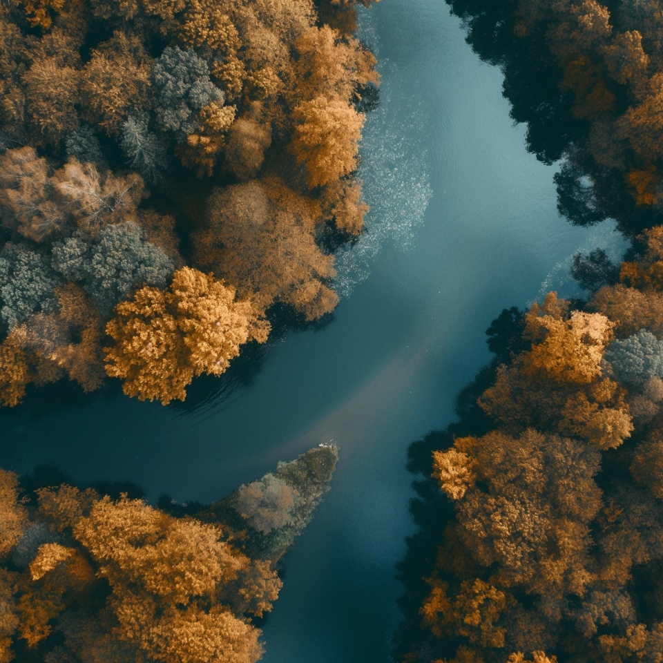 Captivating aerial view of a tranquil river winding through a vibrant autumn forest, showcasing the beauty of nature's seasonal transformation. Perfect for themes of serenity, nature, fall landscape
