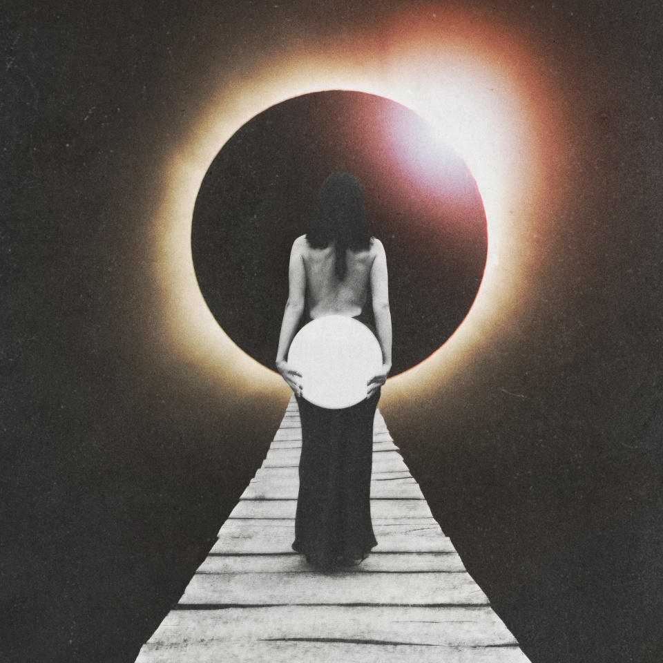 A silhouette of a woman with dress and round mirror walking towards a solar eclipse on a desolate wooden path. Image contains noise and motion blur. Elements of this image furnished by NASA