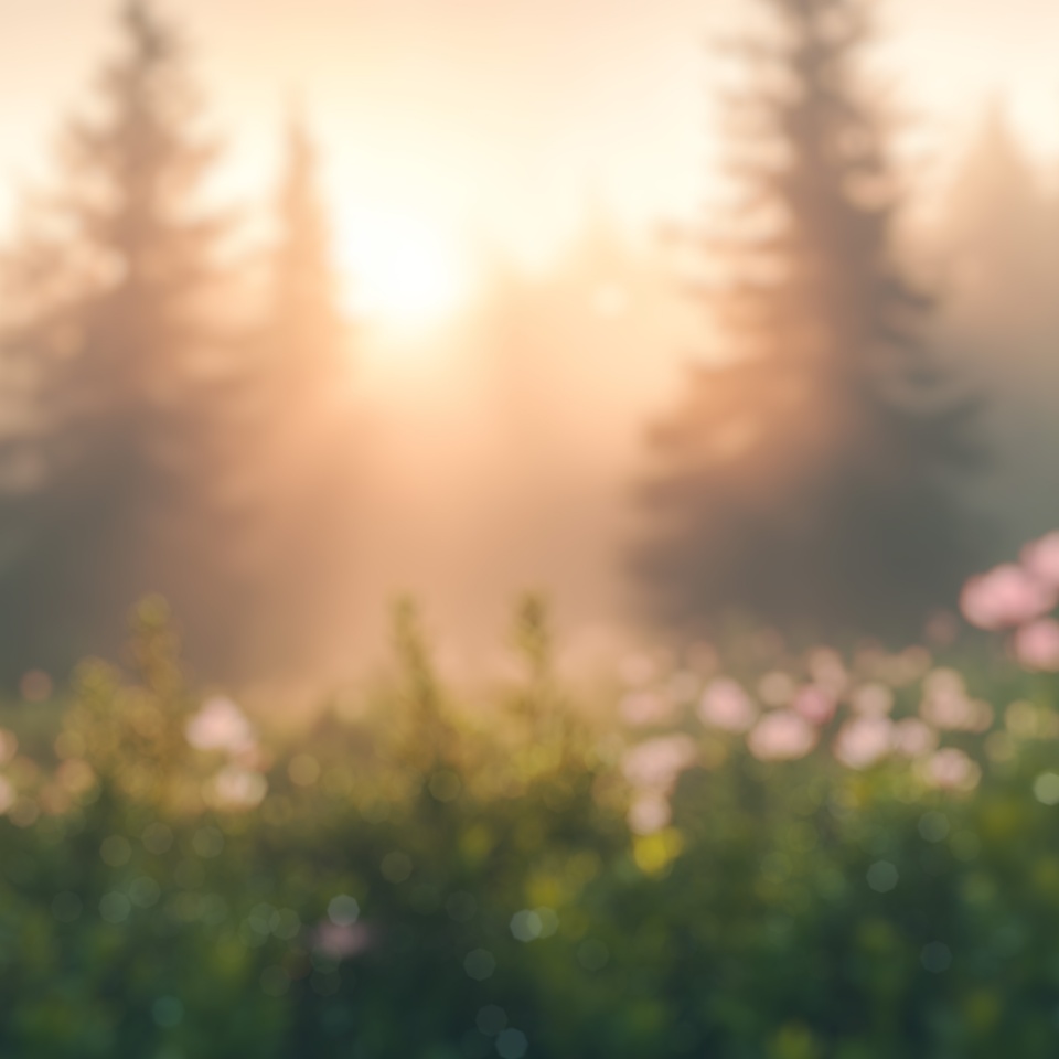 Blurred background of serene misty dawn in an evergreen forest, where large trees loom and soft light filters through a tranquil landscape, creating a peaceful atmosphere.