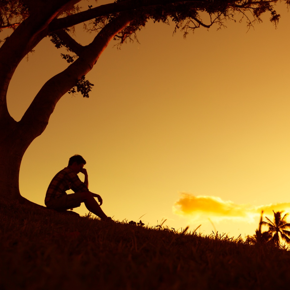 People having problems concept. Silhouette of sad and lonely man sitting alone under a tree.